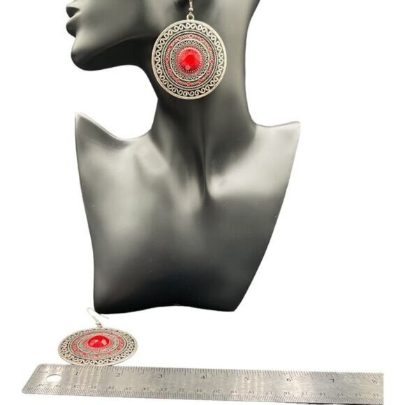 Bohemian Vintage-Style Silver & Red Statement Earrings - Picture 3 of 5